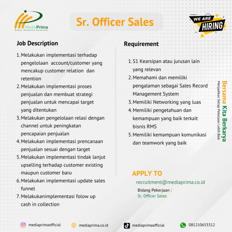 Sr. Officer Seles Media Prima HR Solutions