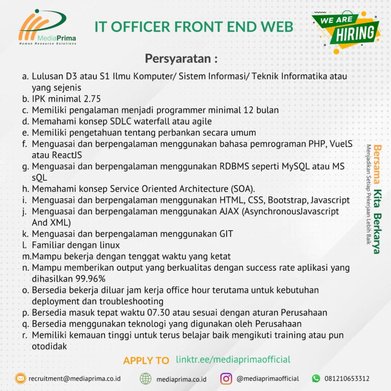 Lowongan IT Officer Front End Web - Media Prima HR Solutions