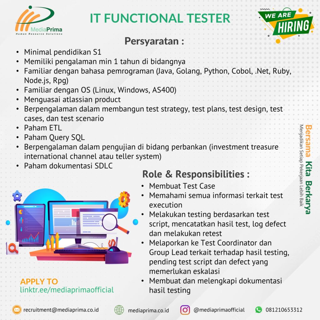Lowongan IT Functional Tester Media Prima HR Solutions