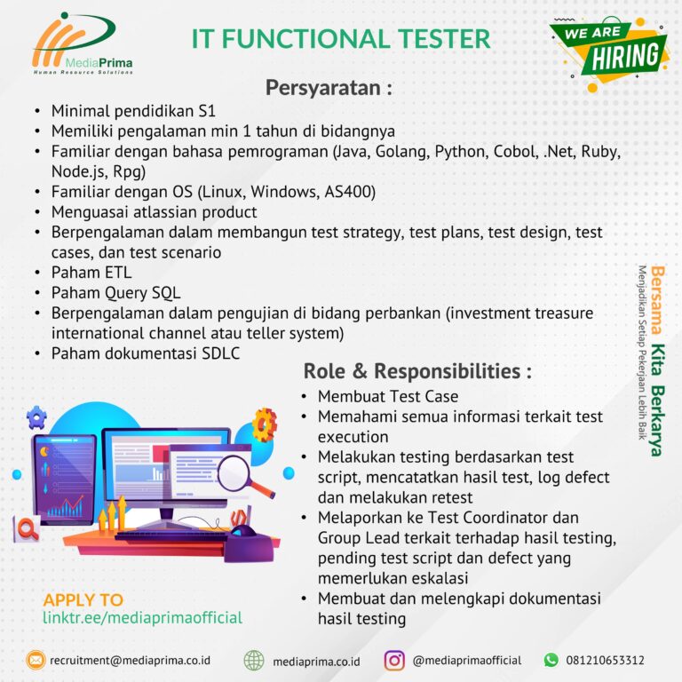 Lowongan IT Functional Tester Media Prima HR Solutions