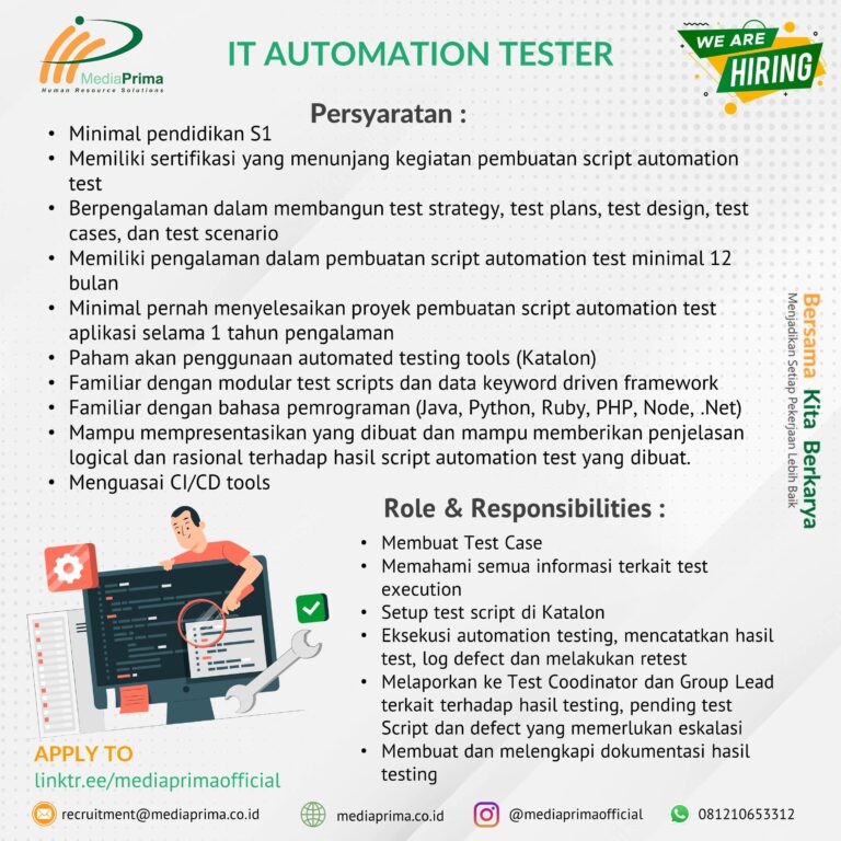 Lowongan IT Outomation Tester - Media Prima HR Solutions